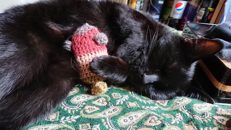 one of Emma's cats hold a mouse she has crocheted for Porridge and Rice