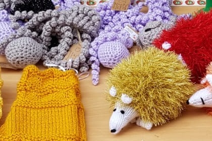 knitted and crocheted items for sale to raise money for Porridge and Rice, an education charity working in the Nairobi slums